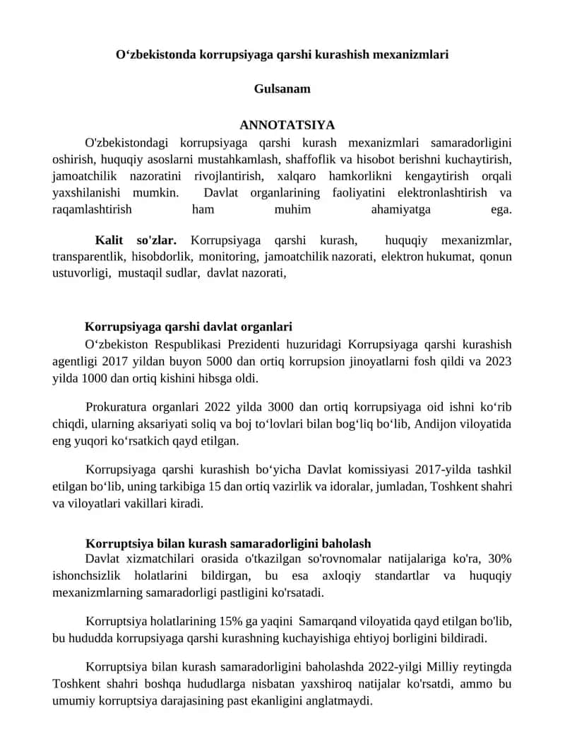 O‘zbekistonda korrupsiyaga qarshi kurashish mexanizmlari 1