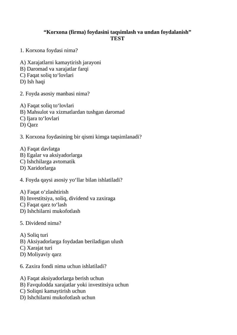 Korxona (firma) foydasini taqsimlash va undan foydalanish 1