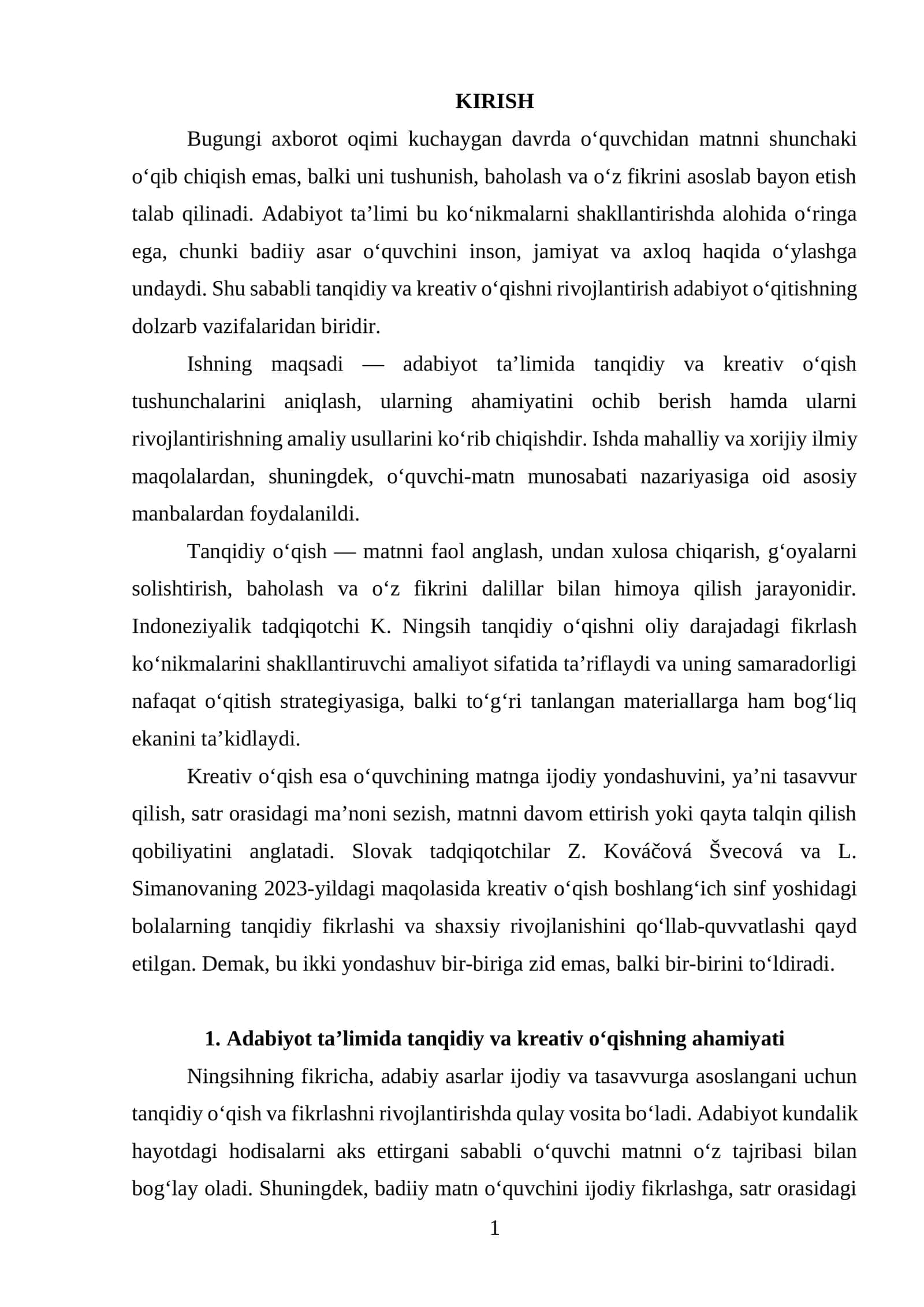 Adabiyot ta'limida Tanqidiy va kreativ o‘qishni rivojlantirishga manbalardan foydalanish 1
