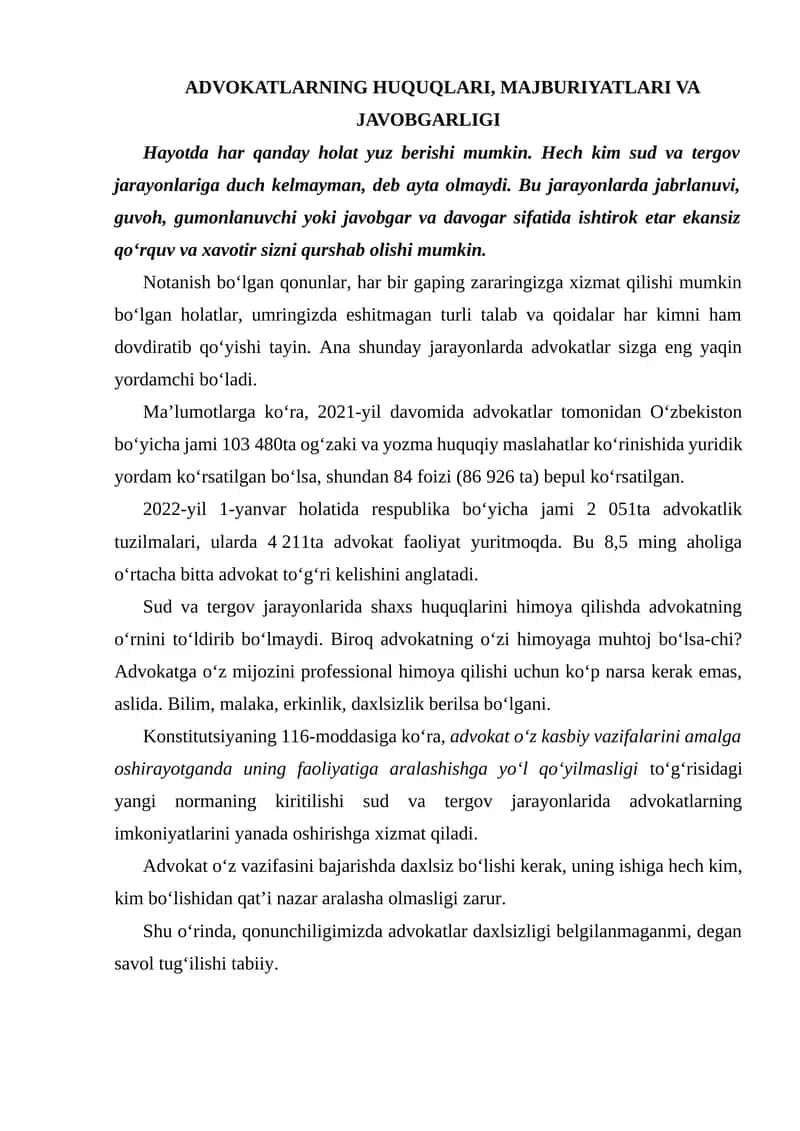 Advokatlarning huquqlari, majburiyatlari va javobgarligi 1