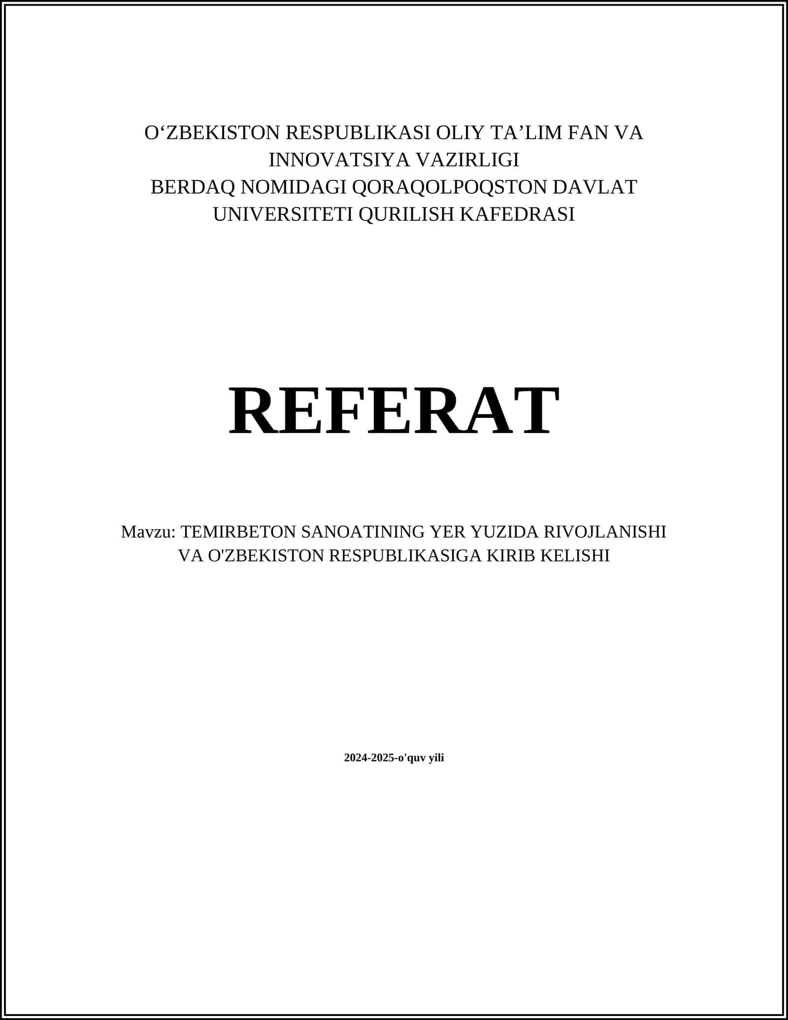 TEMIRBETON SANOATINING YER YUZIDA RIVOJLANISHI VA O'ZBEKISTON RESPUBLIKASIGA KIRIB KELISHI 1