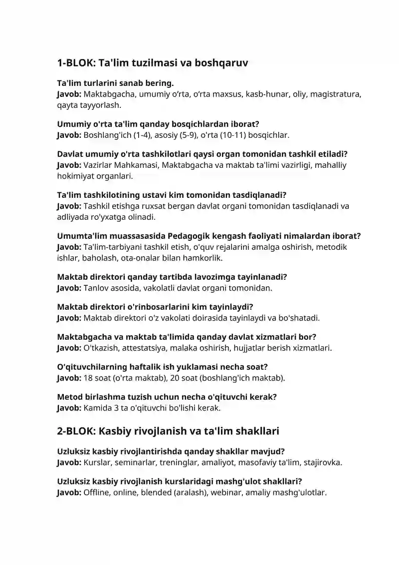 2025 Dekabr Argos suhbat savol va javoblari Maktabgacha ta'lim va maktab ta'limi yo'nalishida 500+ savollarga qisqa aniq javoblar