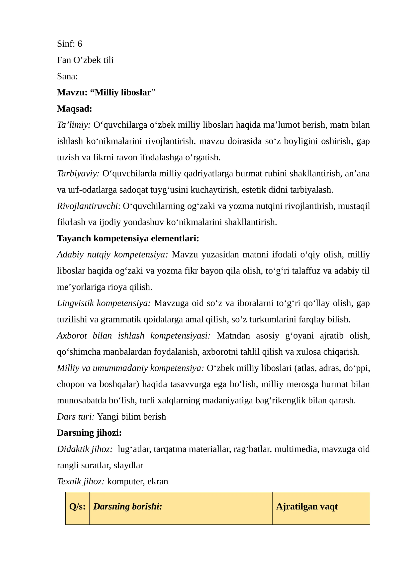 Milliy liboslar 6-sinf dars ishlanma 1