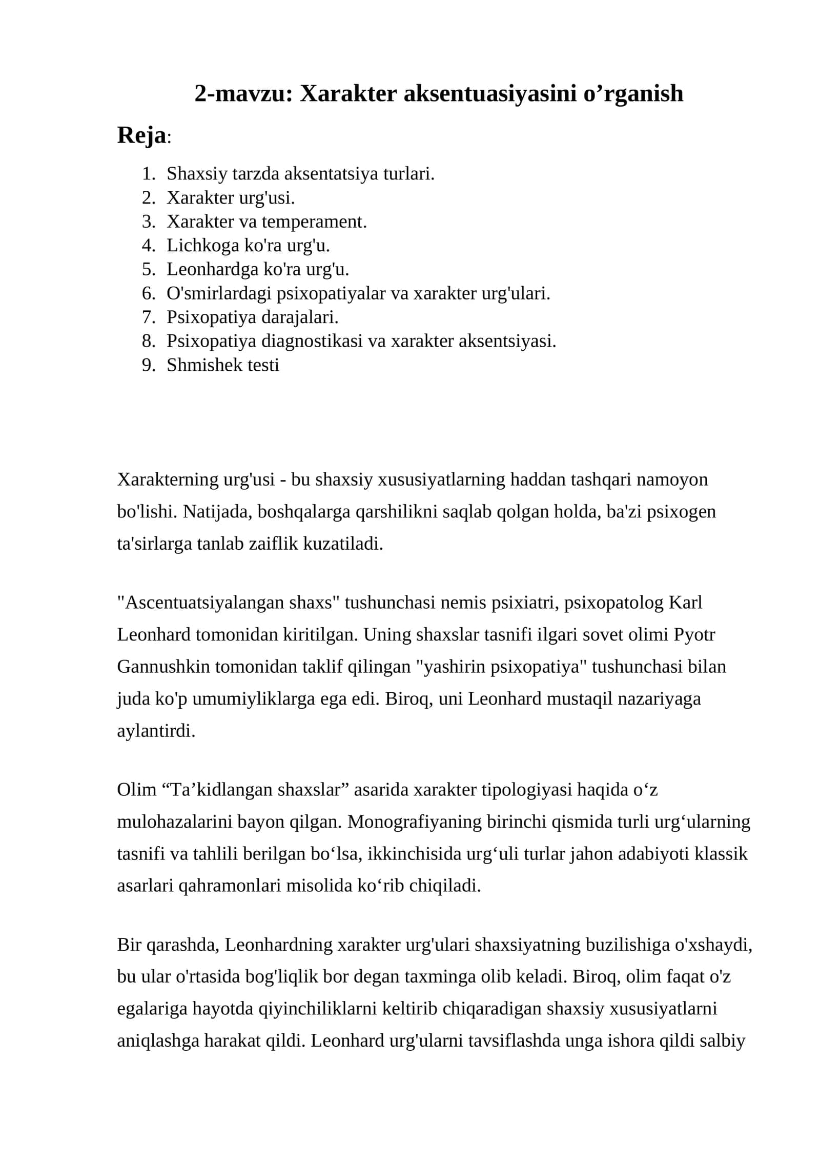Xarakter aksentuatsiyasini o'rganish 1