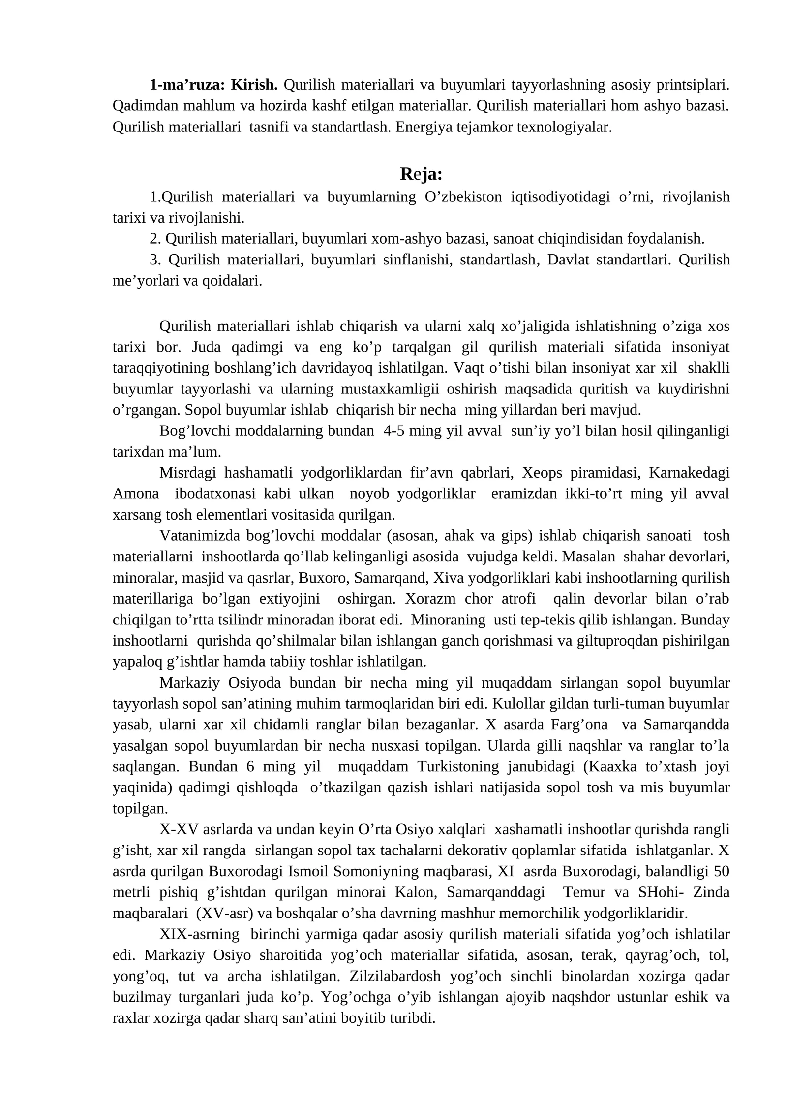 Qurilish Materiallari va Buyumlari Tayyorlash 1