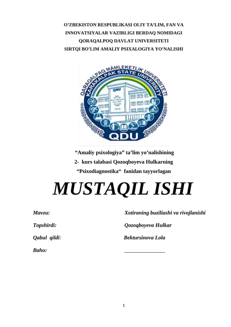 Mavzu: Xotiraning buziliashi va rivojlanishi 1