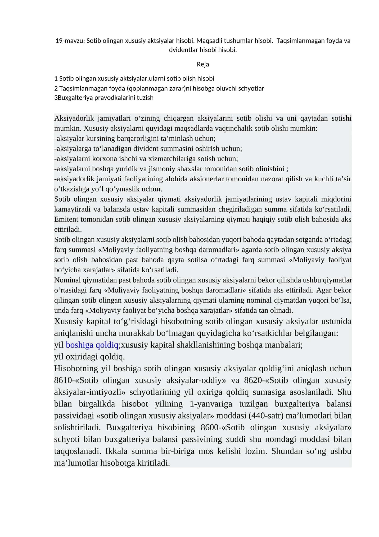 19-mavzu; Sotib olingan xususiy aktsiyalar hisobi. Maqsadli tushumlar hisobi. Taqsimlanmagan foyda va dvidentlar hisobi hisobi 1