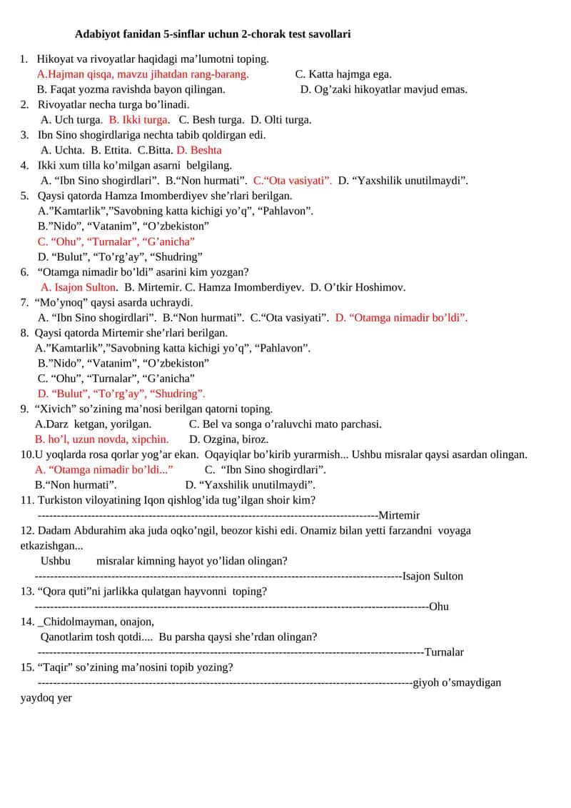 Adabiyot fanidan 5-sinflar uchun 2-chorak test savollari 1