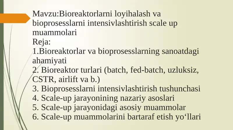 Bioreaktorlar va Bioprosesslarni Intensivlashtirish 1