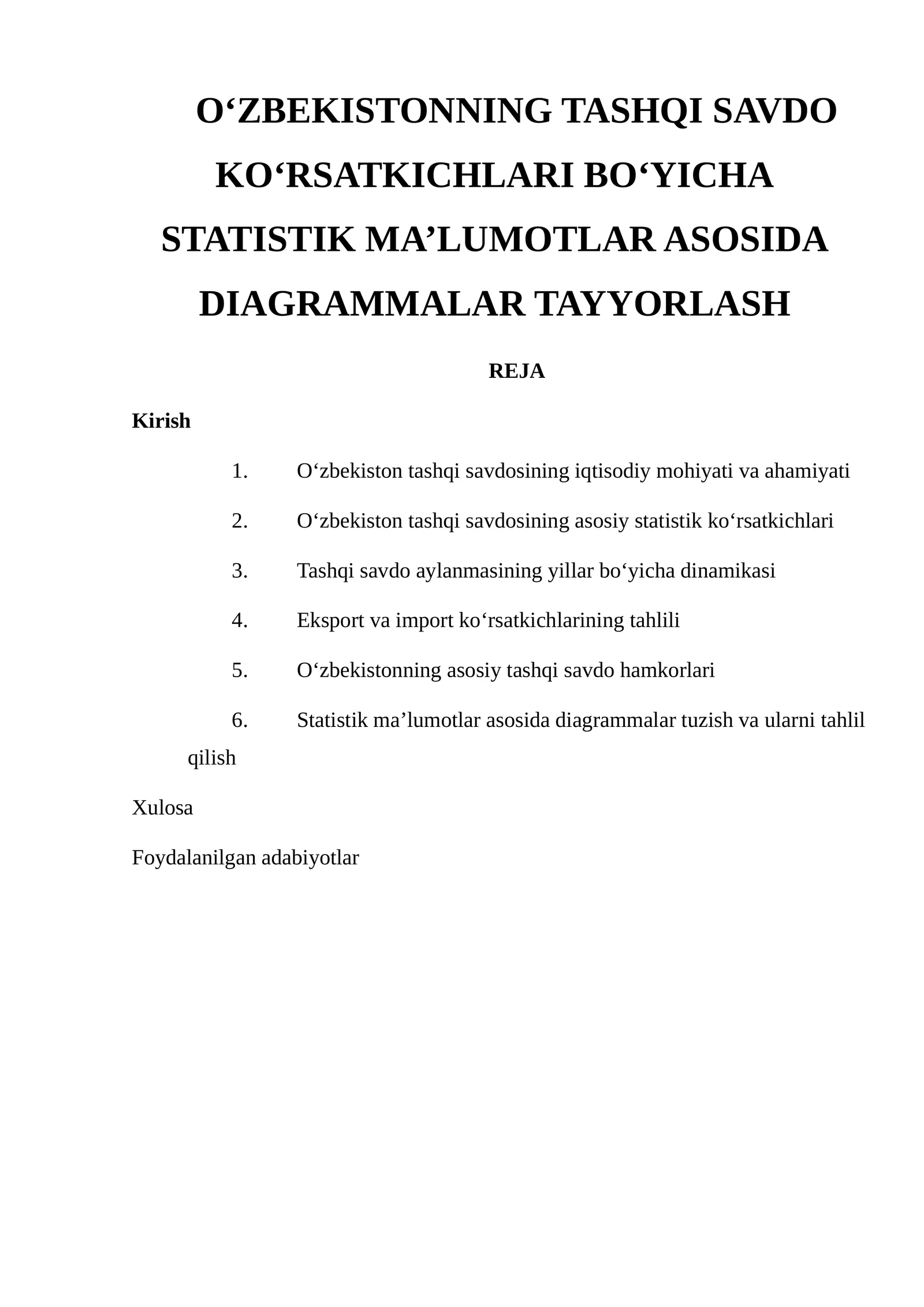 O‘zbekistonning Tashqi Savdo Ko‘rsatkichlari Bo‘yicha Statistik Ma’lumotlar Asosida Diagrammalar Tayyorlash 1