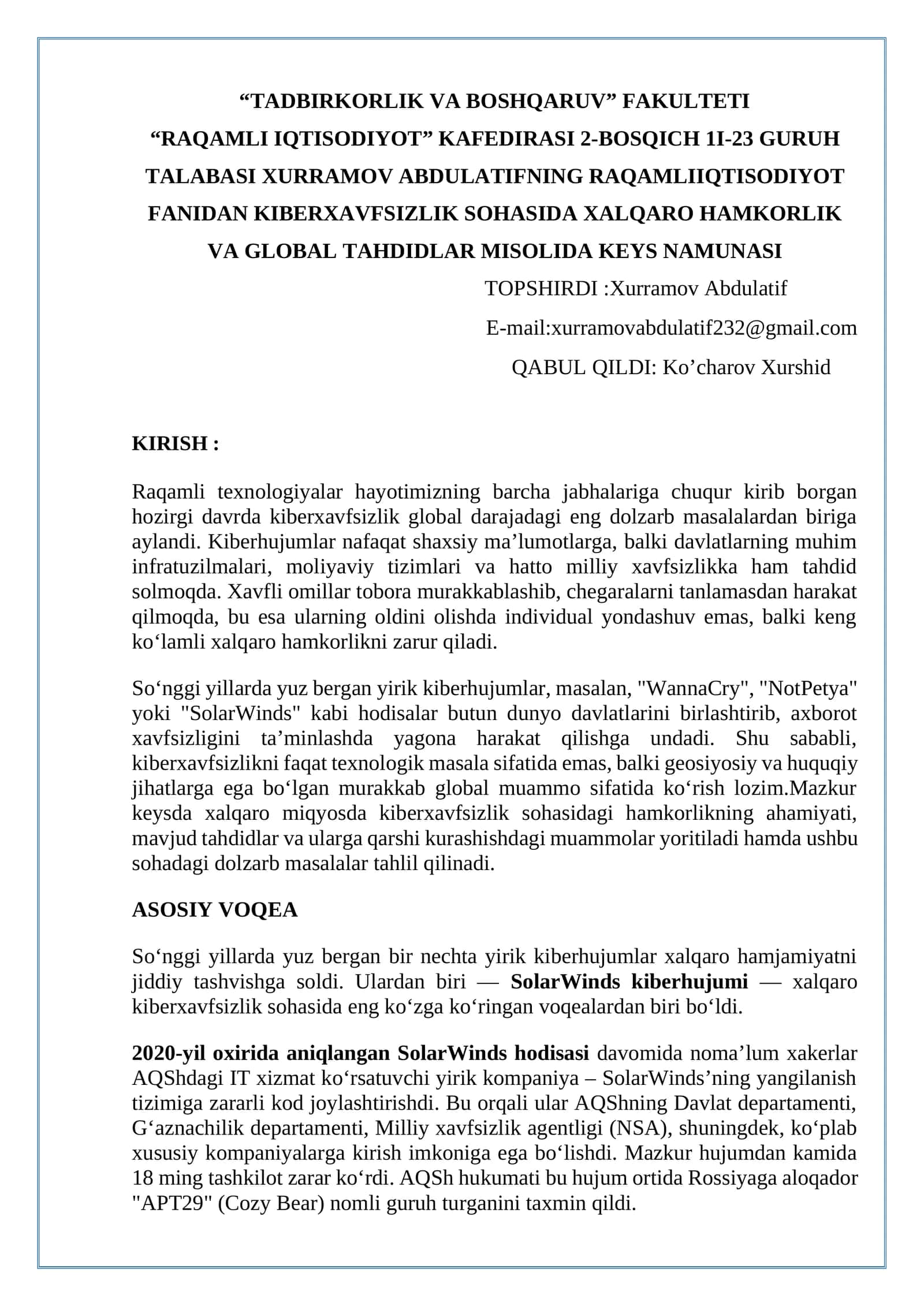 KIBERXAVFSIZLIK SOHASIDA XALQARO HAMKORLIK VA GLOBAL TAHDIDLAR MISOLIDA KEYS NAMUNASI 1