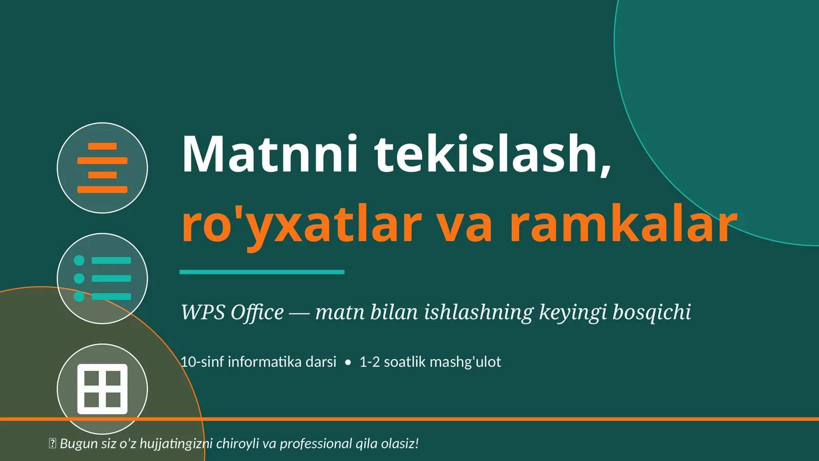 Microsoft Wordda matinlarni tekislash, ro'yhatlar va ramkalar. 1
