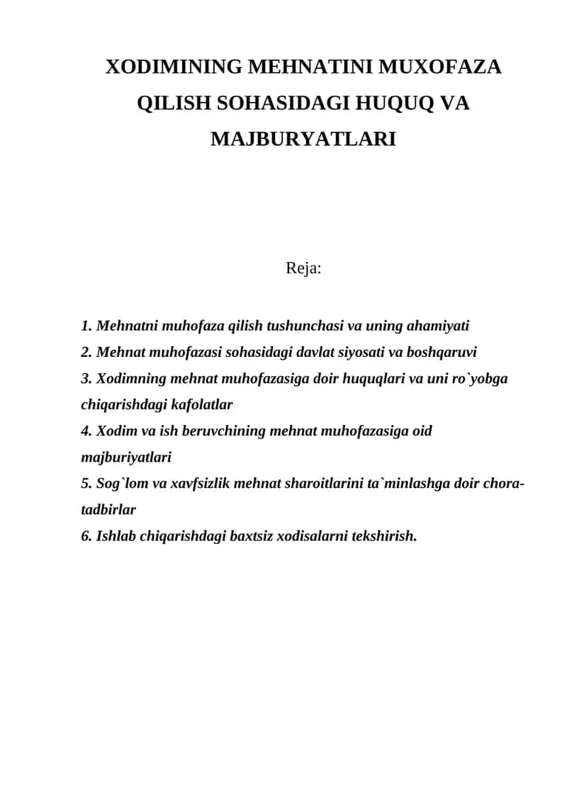 Mehnatni Muxofaza Qilish 1