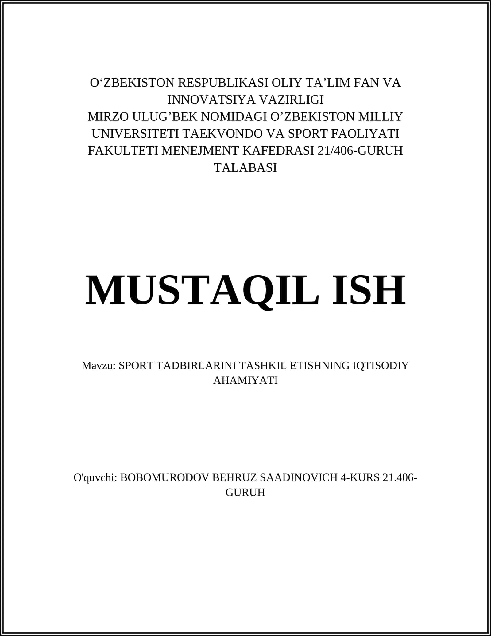 SPORT TADBIRLARINI TASHKIL ETISHNING IQTISODIY AHAMIYATI 1