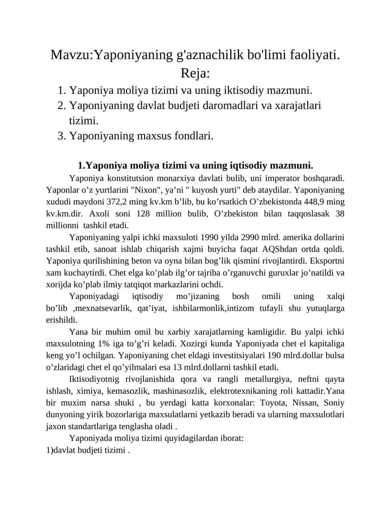 Yaponiyaning g'aznachilik bo'limi faoliyati 1