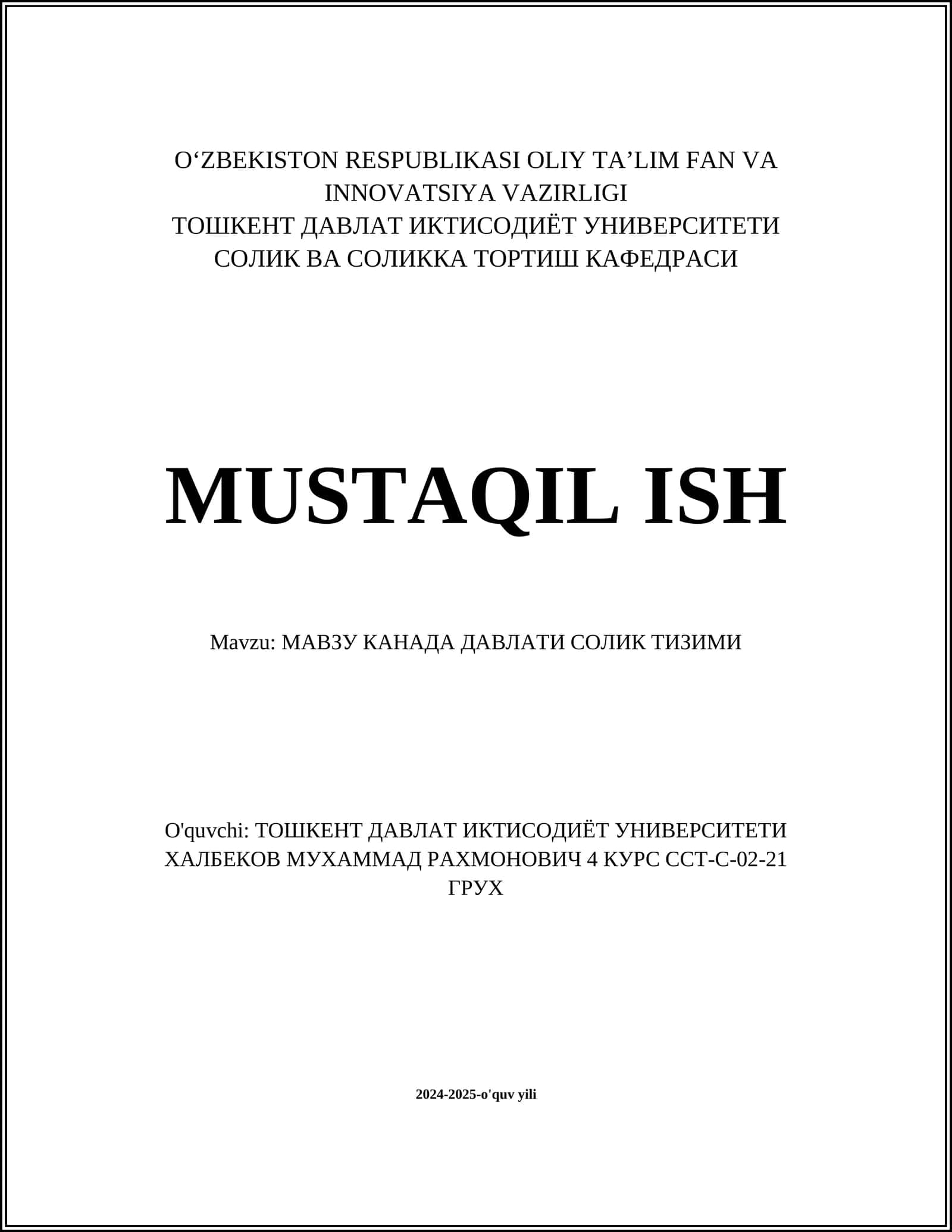 МАВЗУ КАНАДА ДАВЛАТИ СОЛИК ТИЗИМИ 1