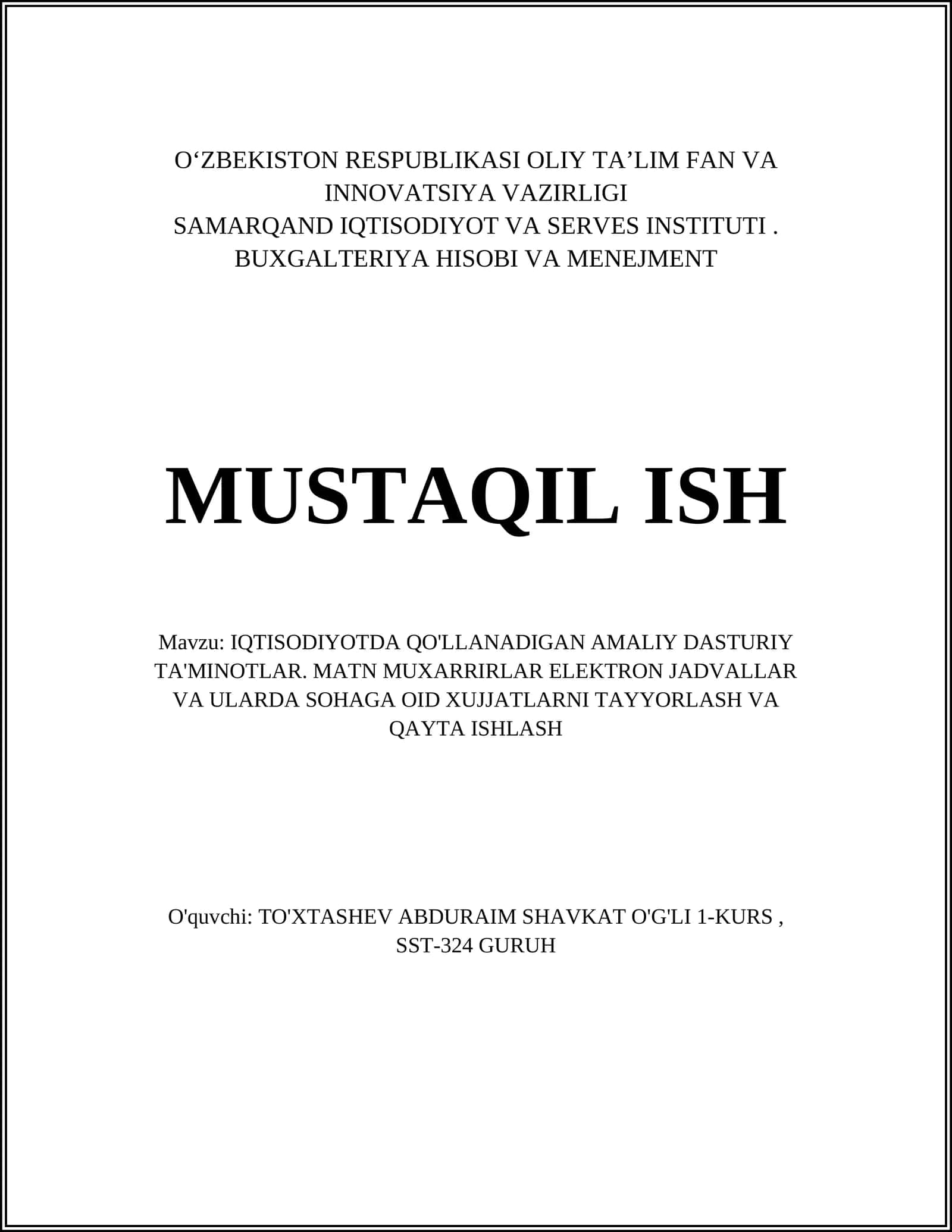 IQTISODIYOTDA QO'LLANADIGAN AMALIY DASTURIY TA'MINOTLAR 1