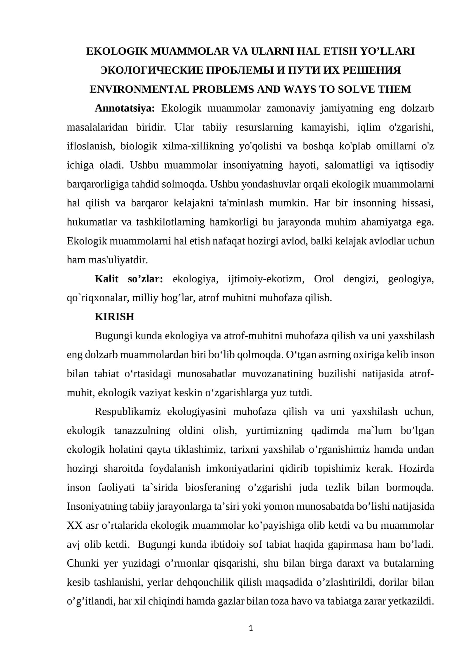 EKOLOGIK MUAMMOLAR VA ULARNI HAL ETISH YO’LLARI 1