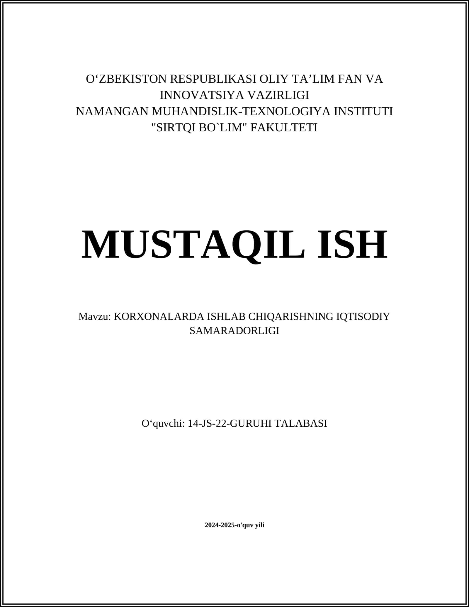 SIRTQI BO`LIM- Korxonalarda Ishlab Chiqarishning Iqtisodiy Samaradorligi 1