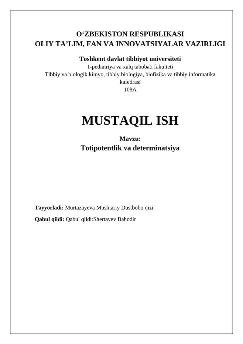 Totipotentlik va Determinatsiya: Asosiy Tushunchalar va Mexanizmlar 1
