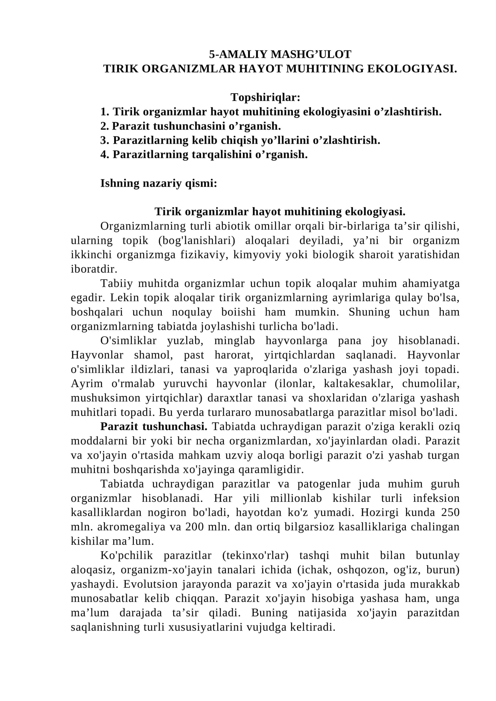 TIRIK ORGANIZMLAR HAYOT MUHITINING EKOLOGIYASI 1