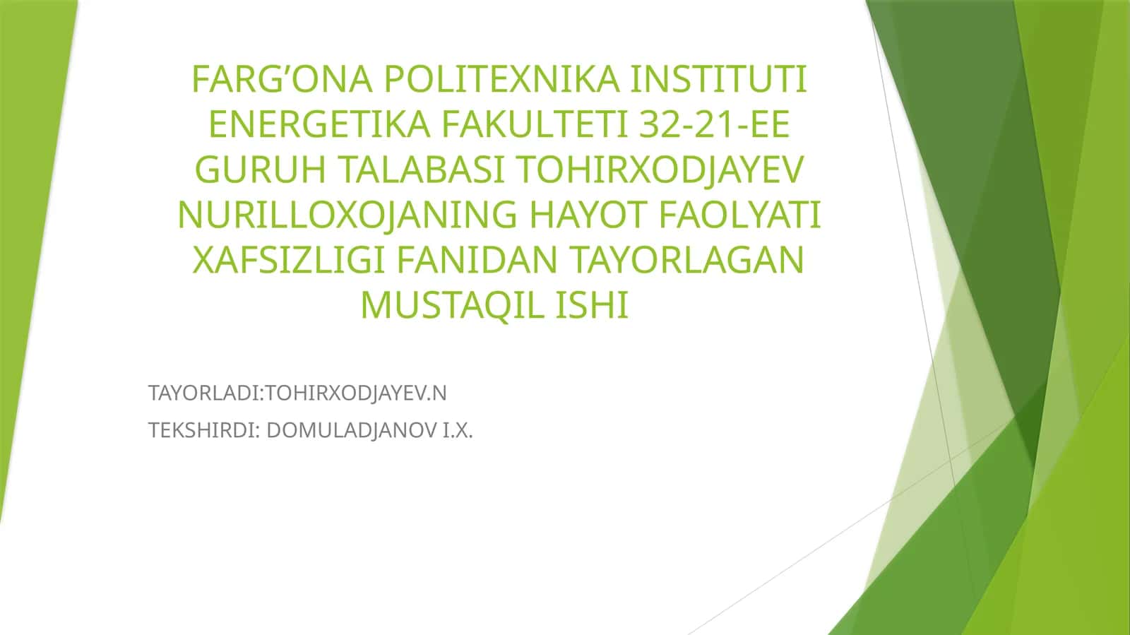 HAYOT FAOLYATI XAFSIZLIGI FANIDAN TAYORLAGAN MUSTAQIL ISHI 1