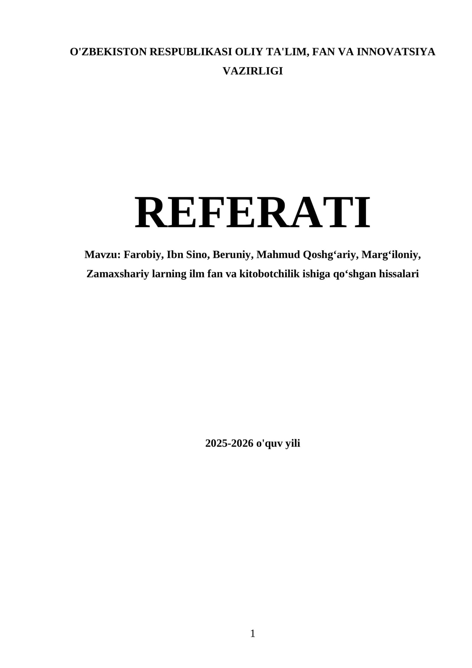 Referat on Farobiy, Ibn Sino, Beruniy, Mahmud Qoshgʻariy, Margʻiloniy, Zamaxshariy 1