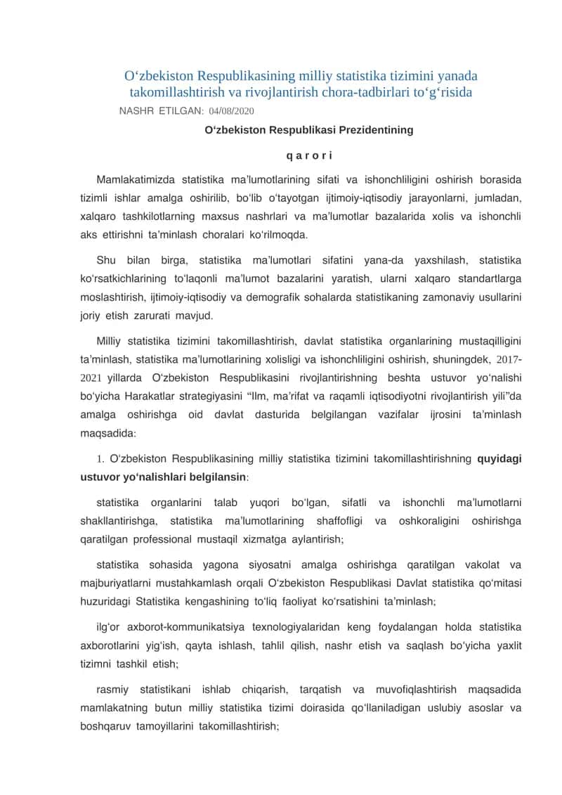 Milliy statistika tizimini yanada takomillashtirish va rivojlantirish chora-tadbirlari 1