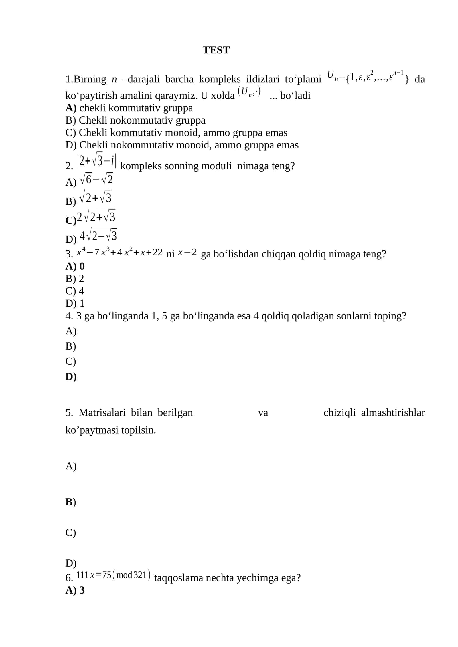 algebra va sonlar nazariyasi fanidan test 1