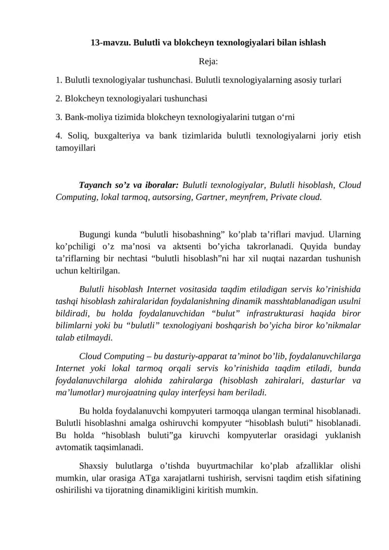 13-mavzu. Bulutli va blokcheyn texnologiyalari bilan ishlash 1