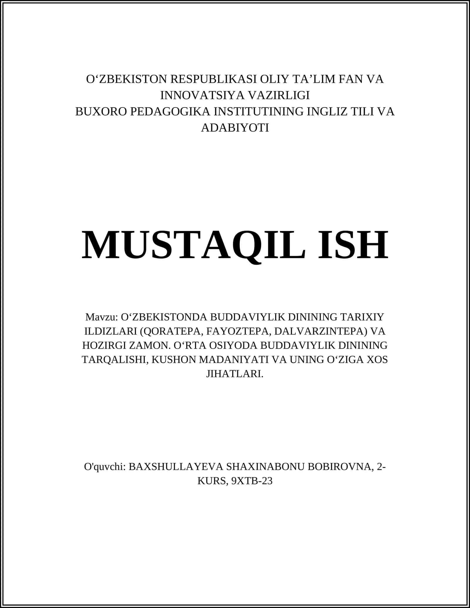 O‘ZBEKISTONDA BUDDAVIYLIK DININING TARIXIY ILDIZLARI (QORATEPA, FAYOZTEPA, DALVARZINTEPA) VA HOZIRGI ZAMON 1