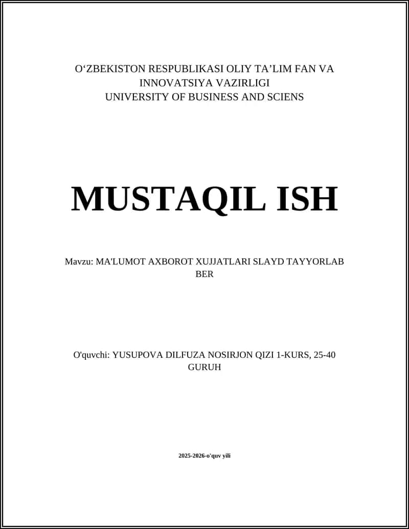 MA'LUMOT AXBOROT XUJJATLARI SLAYD TAYYORLAB BER 1