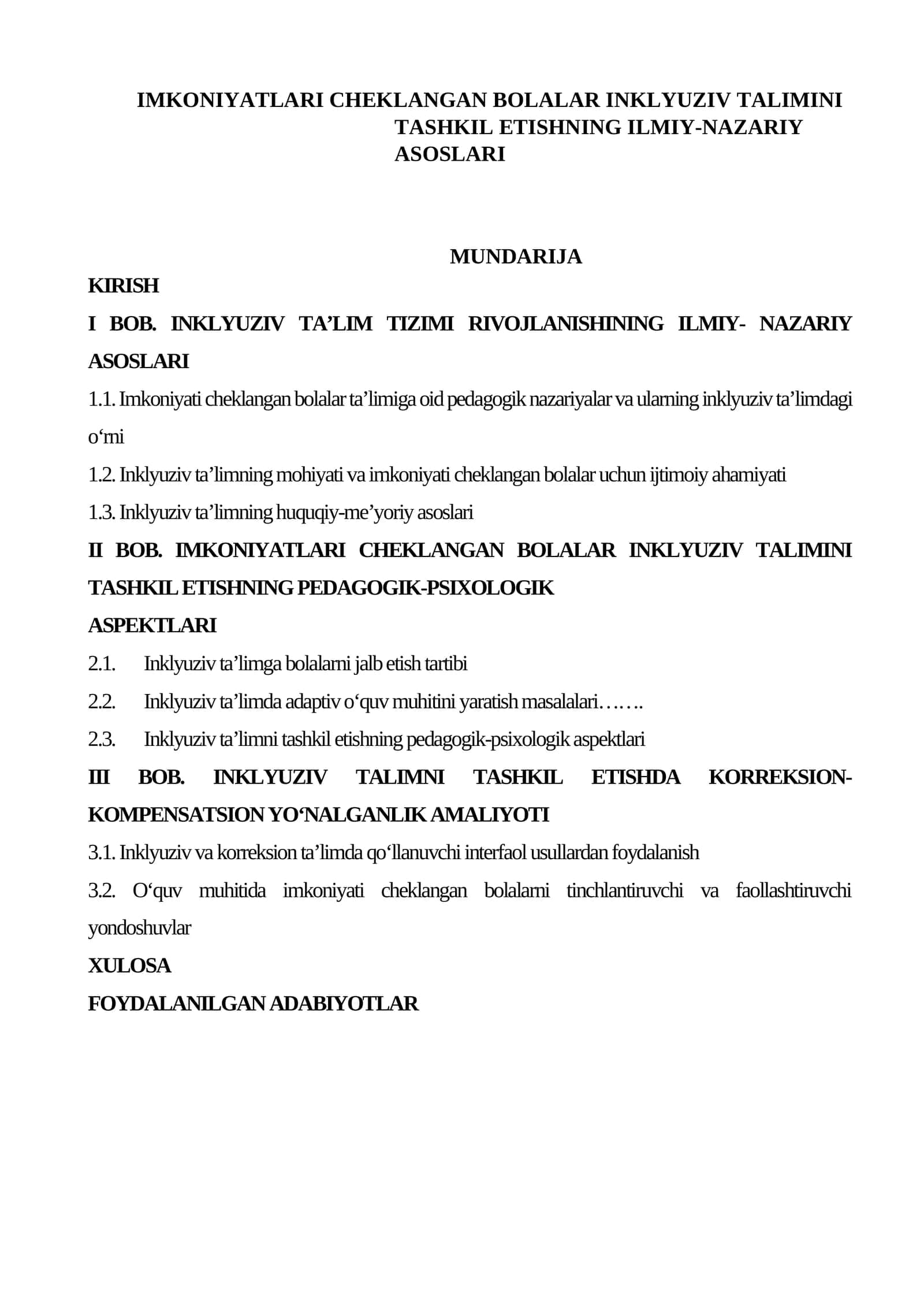 Imkoniyаtlаri cheklаngаn bolаlаr inklyuziv tаlimini tаshkil etishning ilmiy-nаzаriy аsoslаri 1