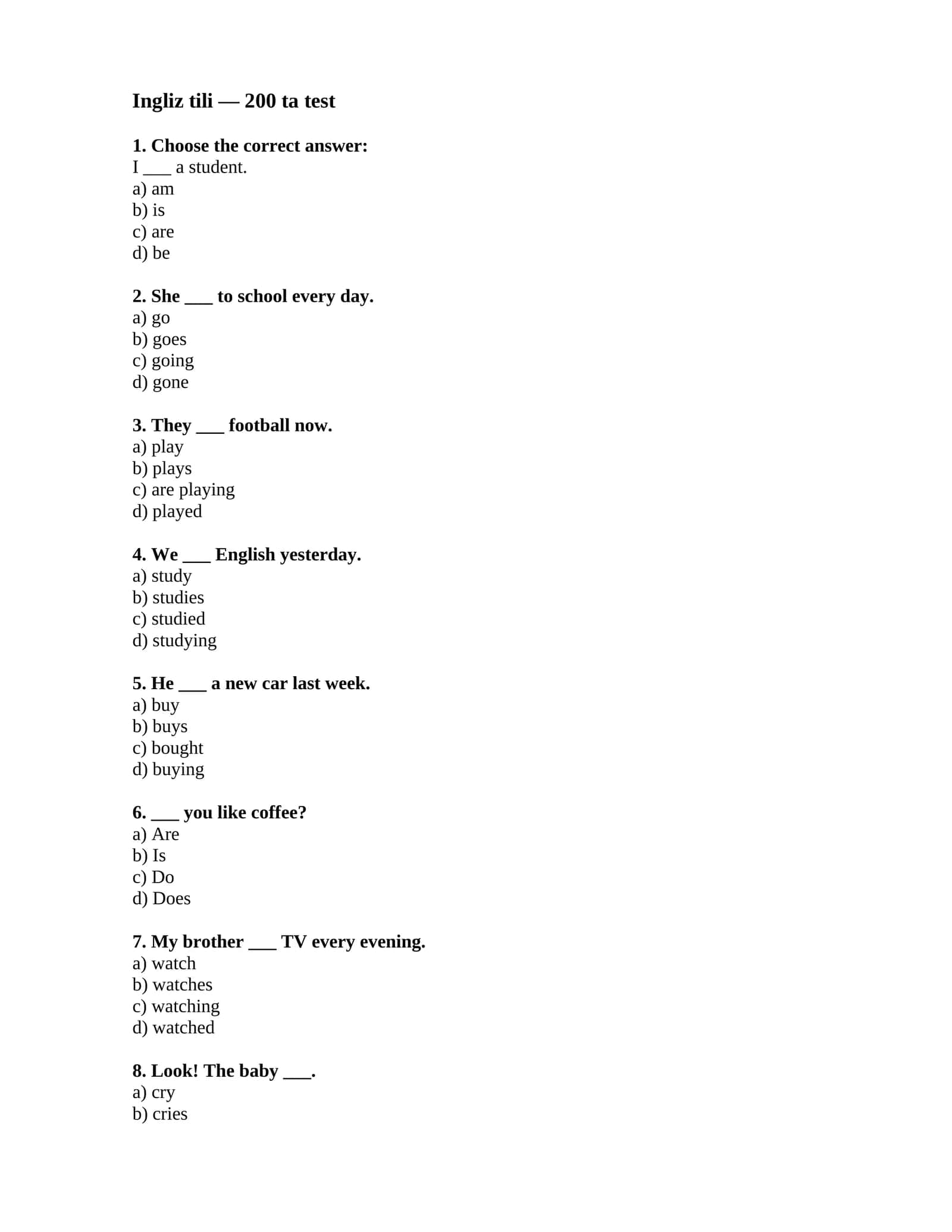 Ingliz tili — 200 ta test 1