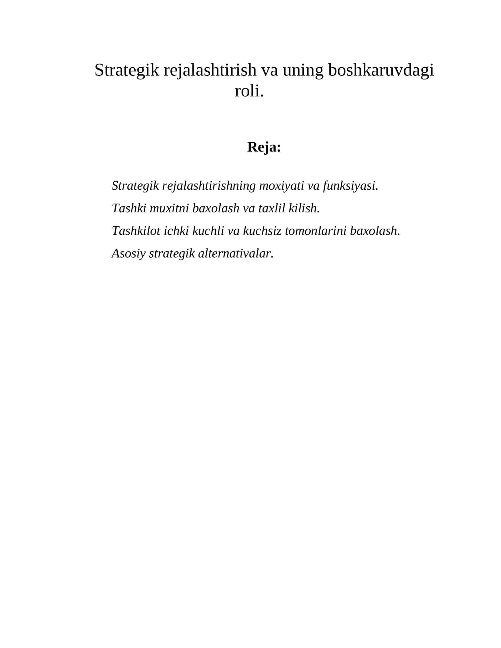 Strategik rejalashtirish va uning boshkaruvdagi roli 1