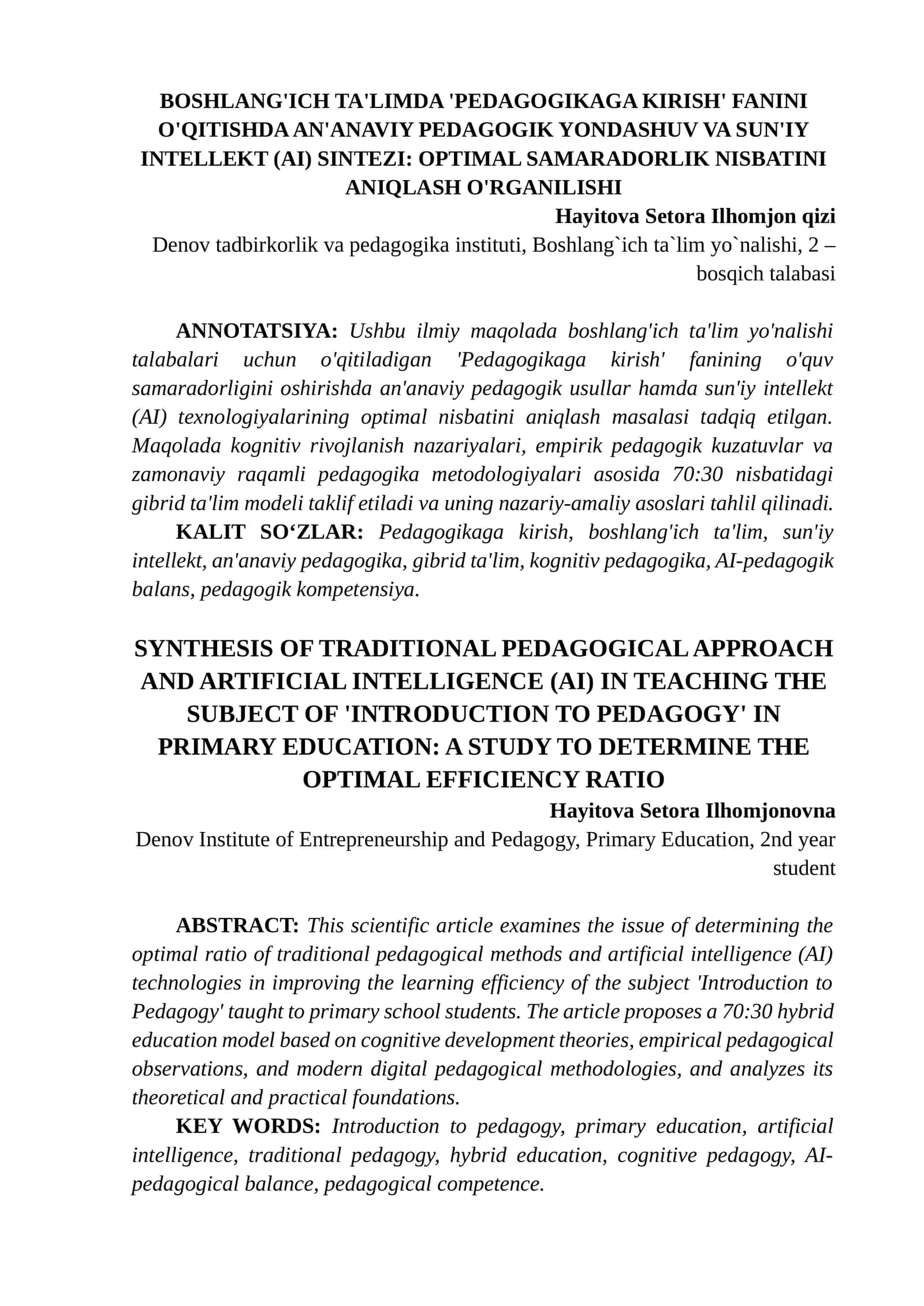 PEDAGOGIKAGA KIRISH' FANINI O'QITISHDA AN'ANAVIY PEDAGOGIK YONDASHUV VA SUN'IY INTELLEKT (AI) SINTЕZI 1