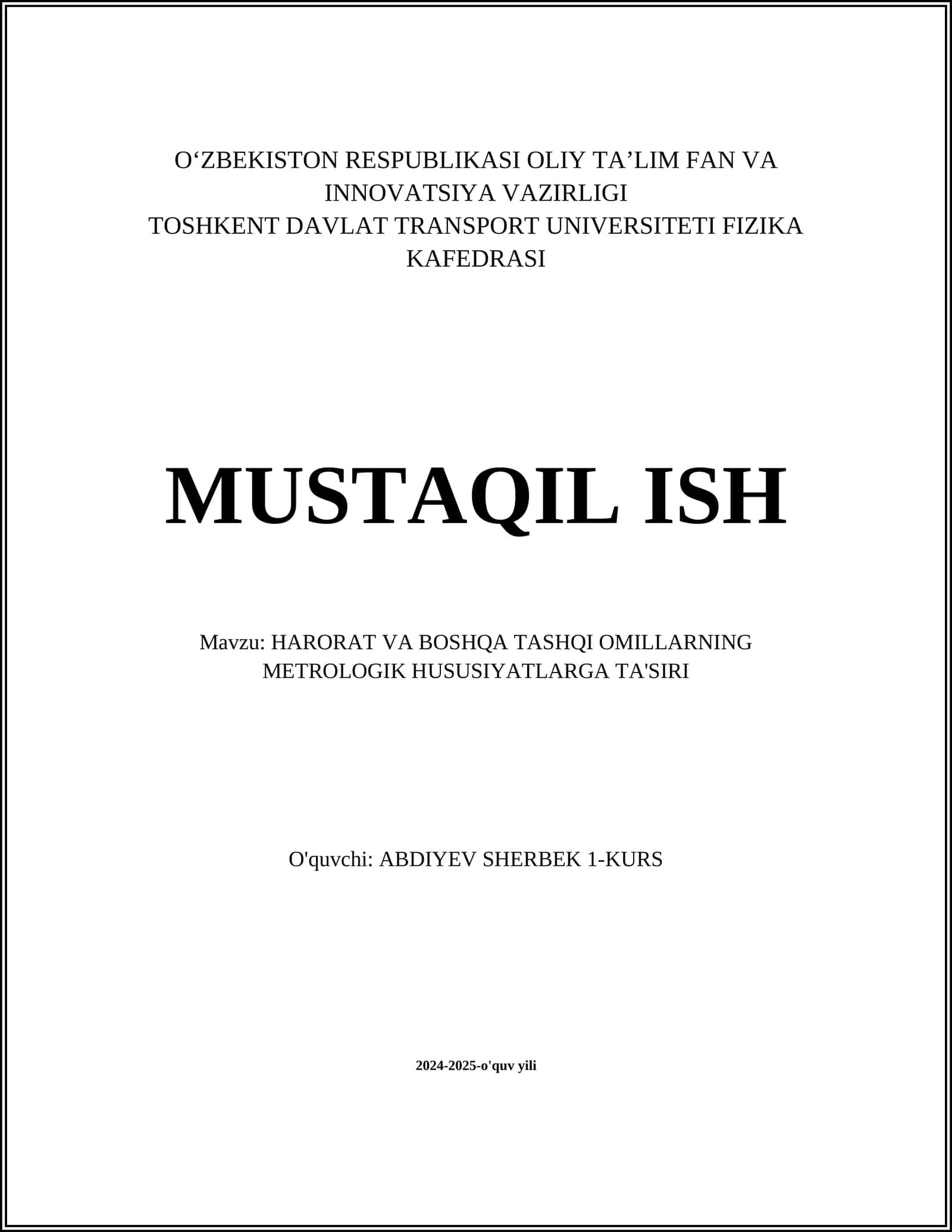 HARORAT VA BOSHQA TASHQI OMILLARNING METROLOGIK HUSUSIYATLARGA TA'SIRI 1