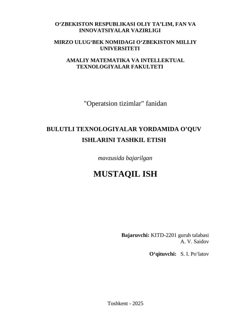 Bulutli Texnologiyalar Yordamida O’quv Ishlarini Tashkil Etish 1
