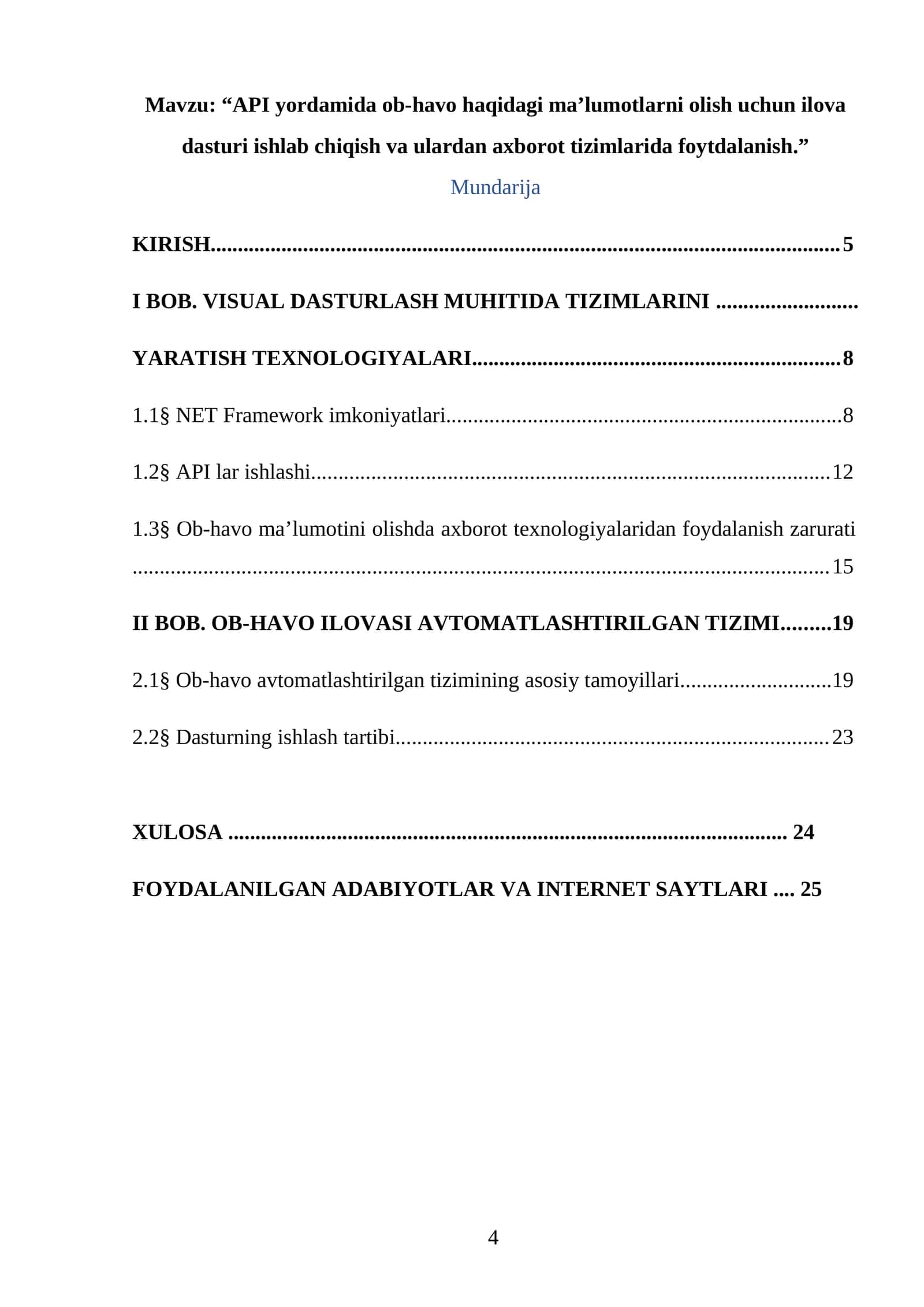 API yordamida ob-havo haqidagi ma’lumotlarni olish uchun ilova  dasturi ishlab chiqish va ulardan axborot tizimlarida foytdalanish 1