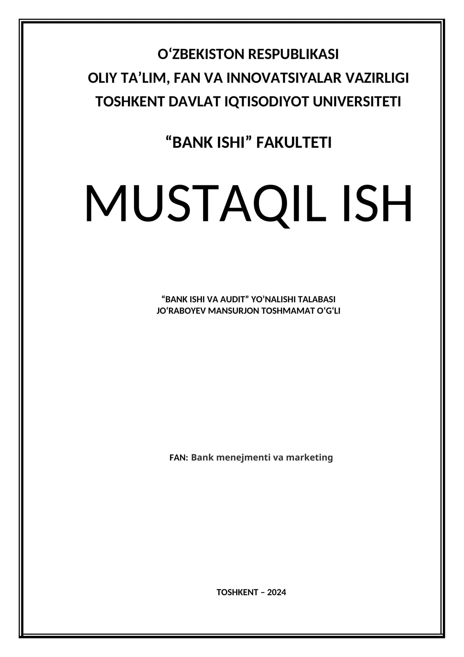 Mustaqil Ish - Bank ishi va Audit 1