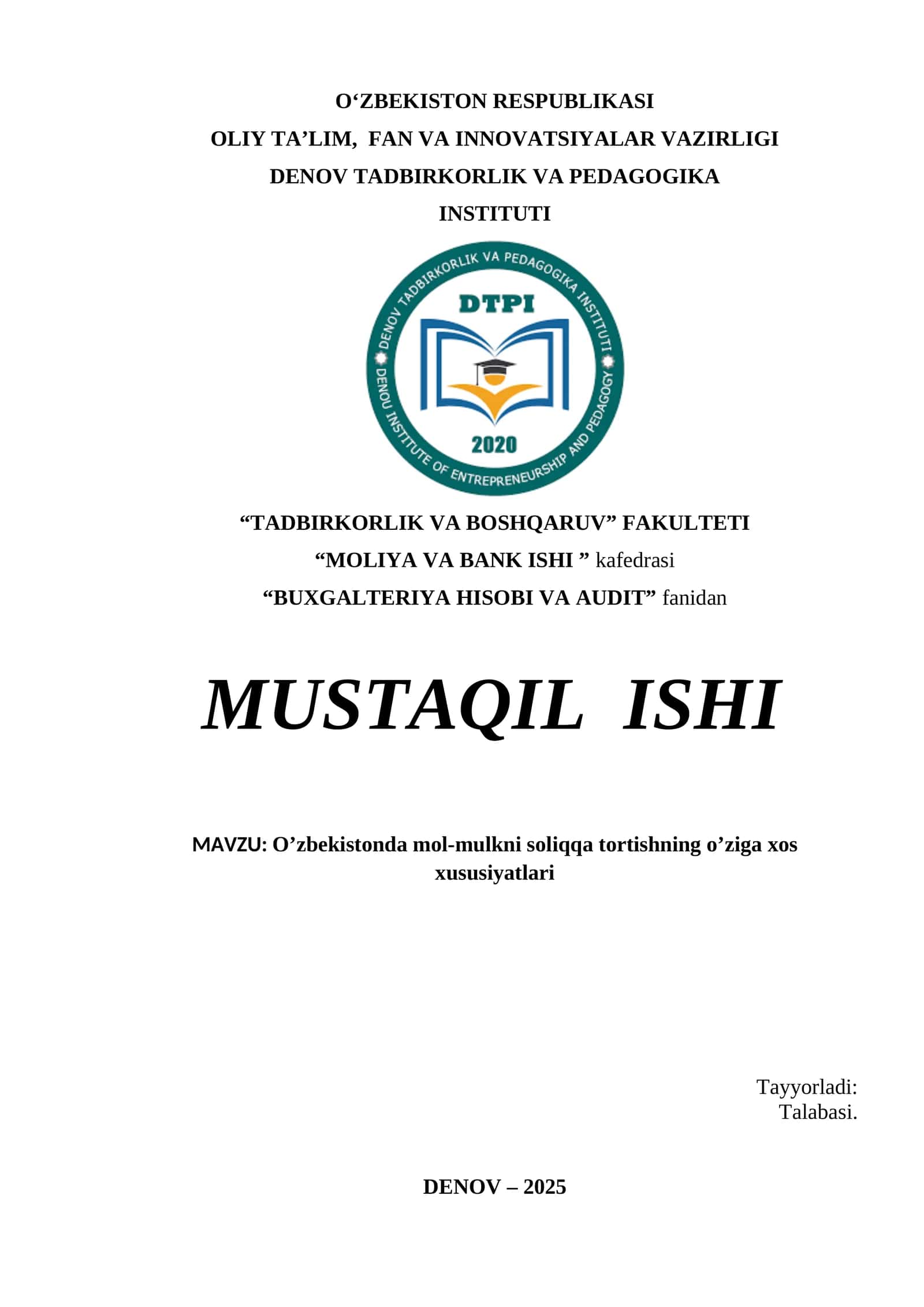 O’zbekistonda mol-mulkni soliqqa tortishning o’ziga xos xususiyatlari 1