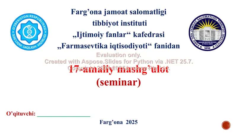 Tovar, moddiy boyliklar, pul mablag'lari va hisoblarni inventarizatsiya qilish. 17-amaliy mashg'ulot taqdimoti 17 bet. 1