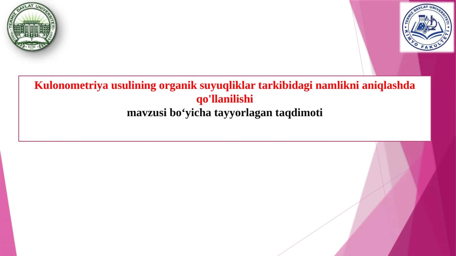 Kulonometriya usuli ning organik suyuqliklar tarkibidagi namlikni aniqlash da qo'llanilishi 1