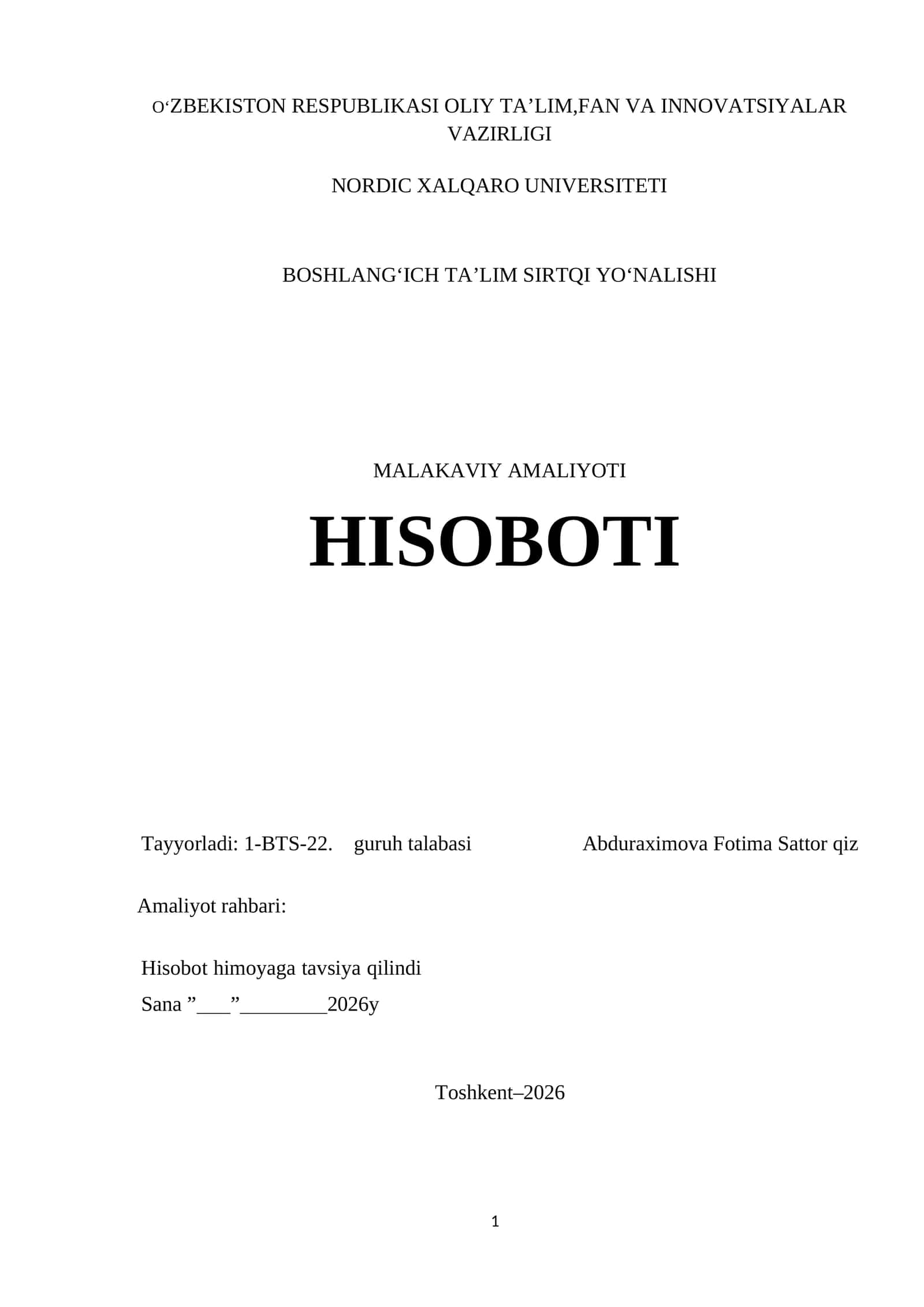MALAKAVIY AMALIYOT HISOBOTI. Boshlangʻich sinf boʻyicha 1