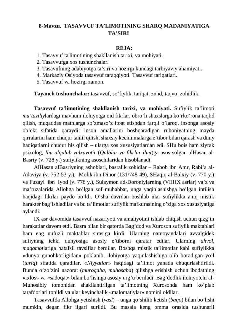 TASAVVUF TAʼLIMOTINING SHARQ MADANIYATIGA TA’SIRI 1