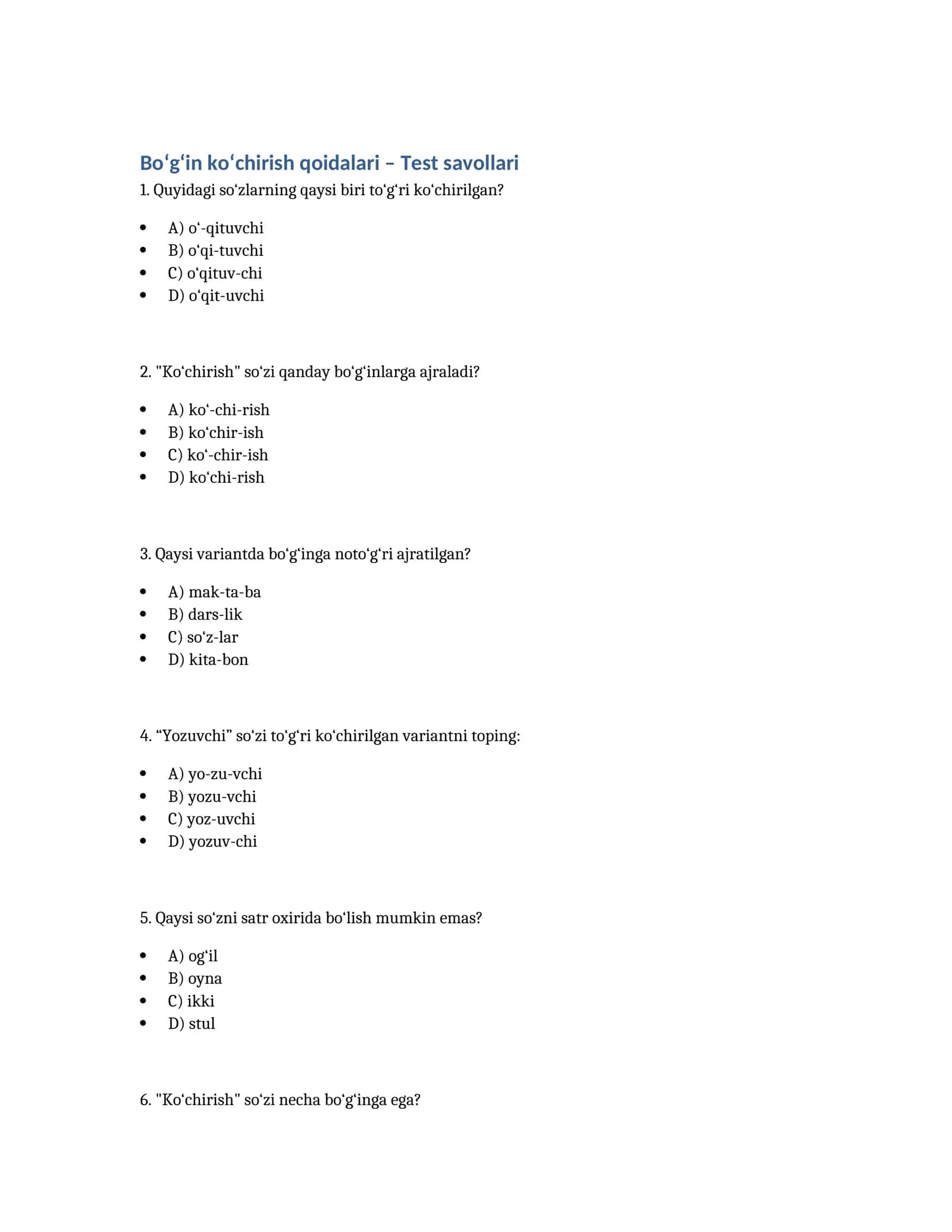 Bo‘g‘in ko‘chirish qoidalari – Test savollari 1