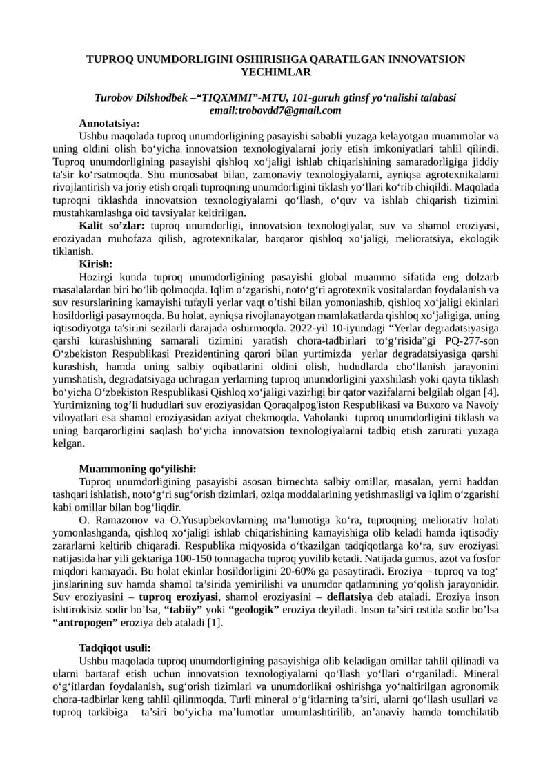 TUPROQ UNUMDORLIGINI OSHIRISHGA QARATILGAN INNOVATSION YECHIMLAR 1