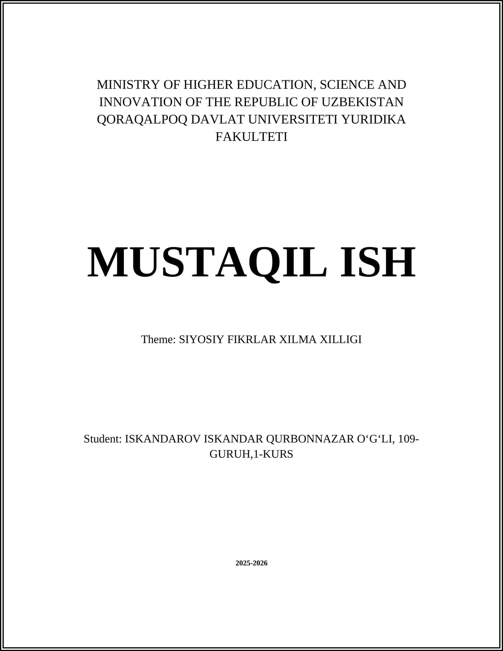 SIYOSIY FIKRLAR XILMA XILLIGI - MUSTAQIL ISH 1