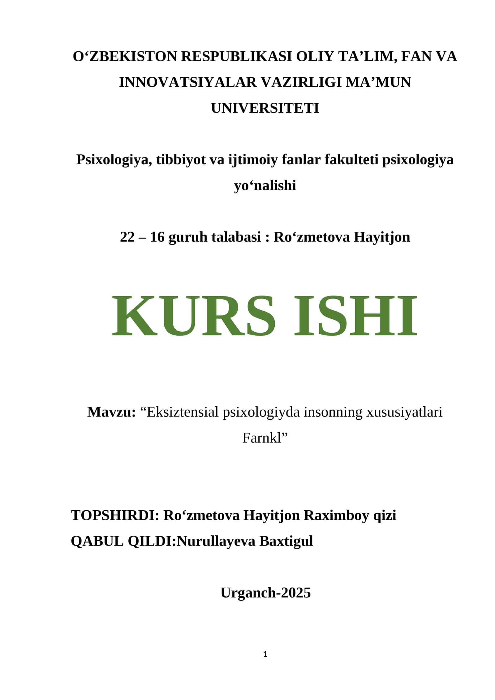 Eksiztensial psixologiyda insonning xususiyatlari Farnkl 1