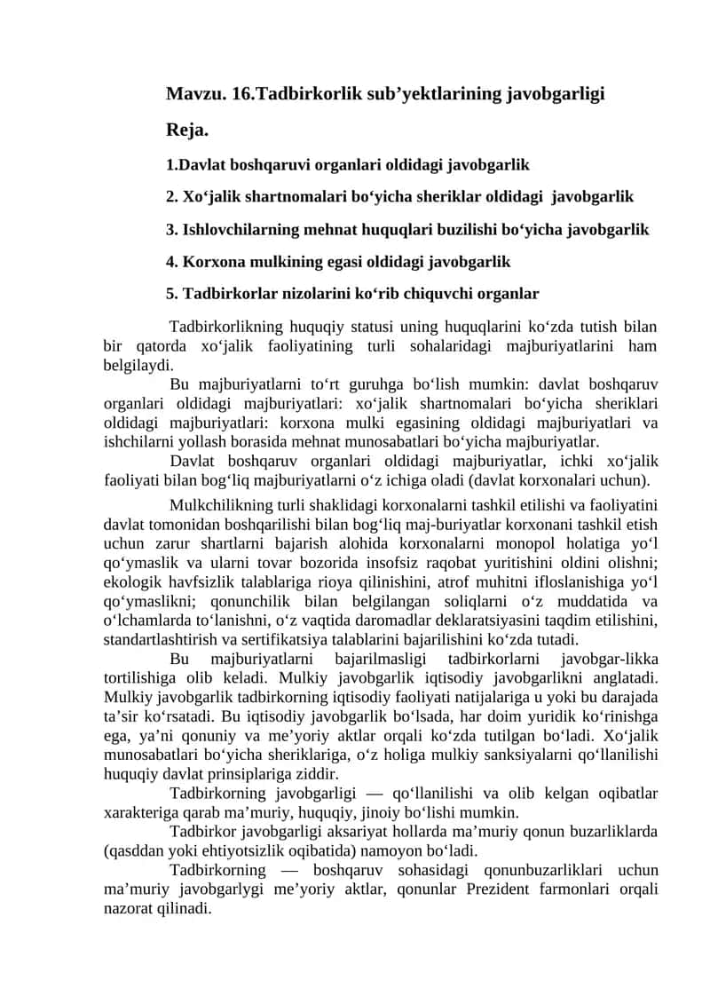 Tadbirkorlik sub’yektlarining javobgarligi 1